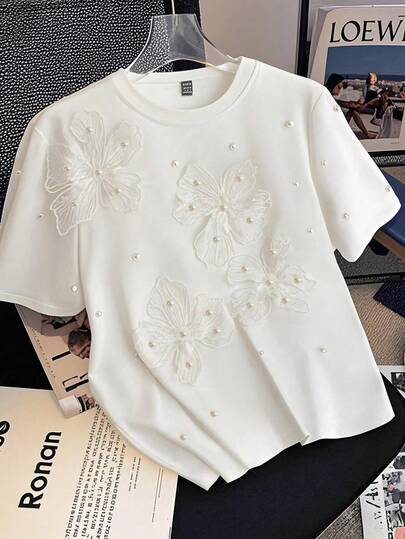 EMERY ROSE Plus Size Women Summer Casual Vacation White Applique Faux Pearl Decor Short Sleeve T-Shirt Flower Shirt Pearl Shirt 3d Flower Top Flower Tops For Women