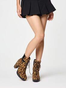 ROMWE Grunge Punk 女士豹纹时尚日常通勤铆钉搭扣高跟踝靴 - 彩色 - 查看 2
