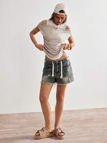 Bohemela Women's Casual Off-Shoulder Knit T-Shirt - Apricot - View 3