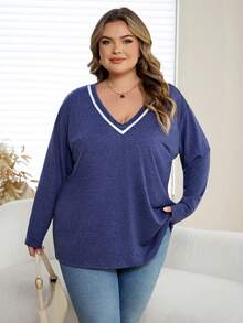 SHEIN CURVE+ Talla grande US22 Camiseta de punto de manga larga con cuello en V y borde acanalado en contraste, ideal para festivales de música, vacaciones en la playa y estilo bohemio - Neblina azul - Ver 6