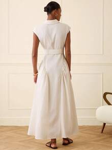 Lilora Women's Elegant Long Open Front Shirt Dress - Beige - View 2