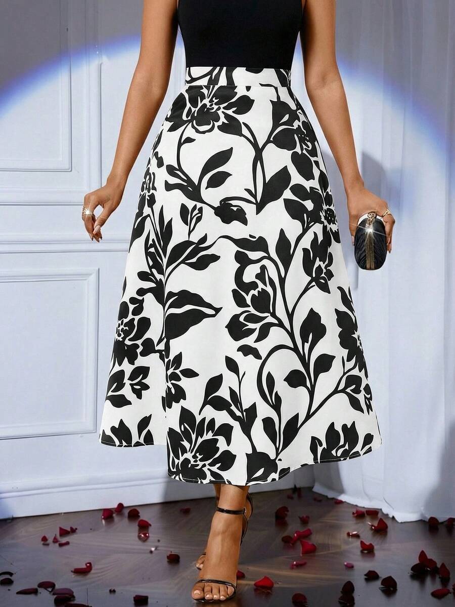 SHEIN Lady Women's Elegant Romantic Floral Print Long Skirt - Multicolor - View 1