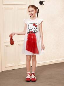 HELLO KITTY AND FRIENDS | SHEIN 少女休闲可爱卡通字母图案荷叶边袖口撞色网纱夏季连衣裙 - 彩色 - 查看 9