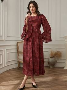 Dazy-Less Women's Elegant Round Neck Bell Sleeve Dress - Redwood - View 5