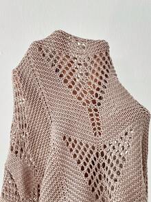 Louniche 女士独特镂空针织毛衣，宽松七分袖圆领开衫，春夏款 - 卡其色 - 查看 7