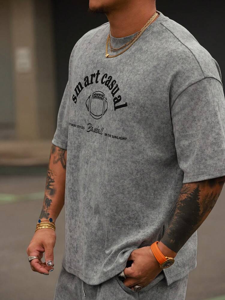 Men's Letter Print Grey Short Sleeve T-Shirt And Shorts Set, Summer