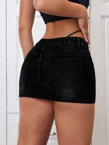 SHEIN ICON Sexy Low Waist Washed Denim Mini Skirt With Pockets - Black - View 2