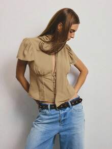Aralina Women's Solid Color Minimalist Short Sleeve Shirt, Casual Everyday Wear - Mocha Brown - View 8