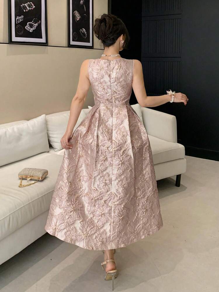 Women's Elegant Floral Textured Sleeveless Midi Dress, Summer Wedding Guest Dress Sundress
