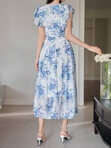 DAZY Ensemble 2 pièces femme, top à col V et volants floraux élégants et jupe. Tenue bohème d'été pour vacances - Bleu azur - Voir 2