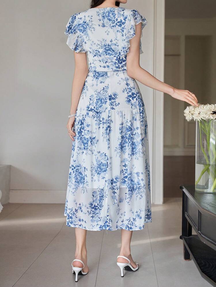 Women's Elegant Floral V-Neck Ruffle Trim Top And Skirt 2 Pieces Set, Summer