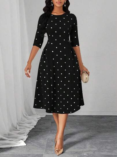 SHEIN Lady Women's Polka Dot Round Neck Casual Waist Cinched Midi Party Dress