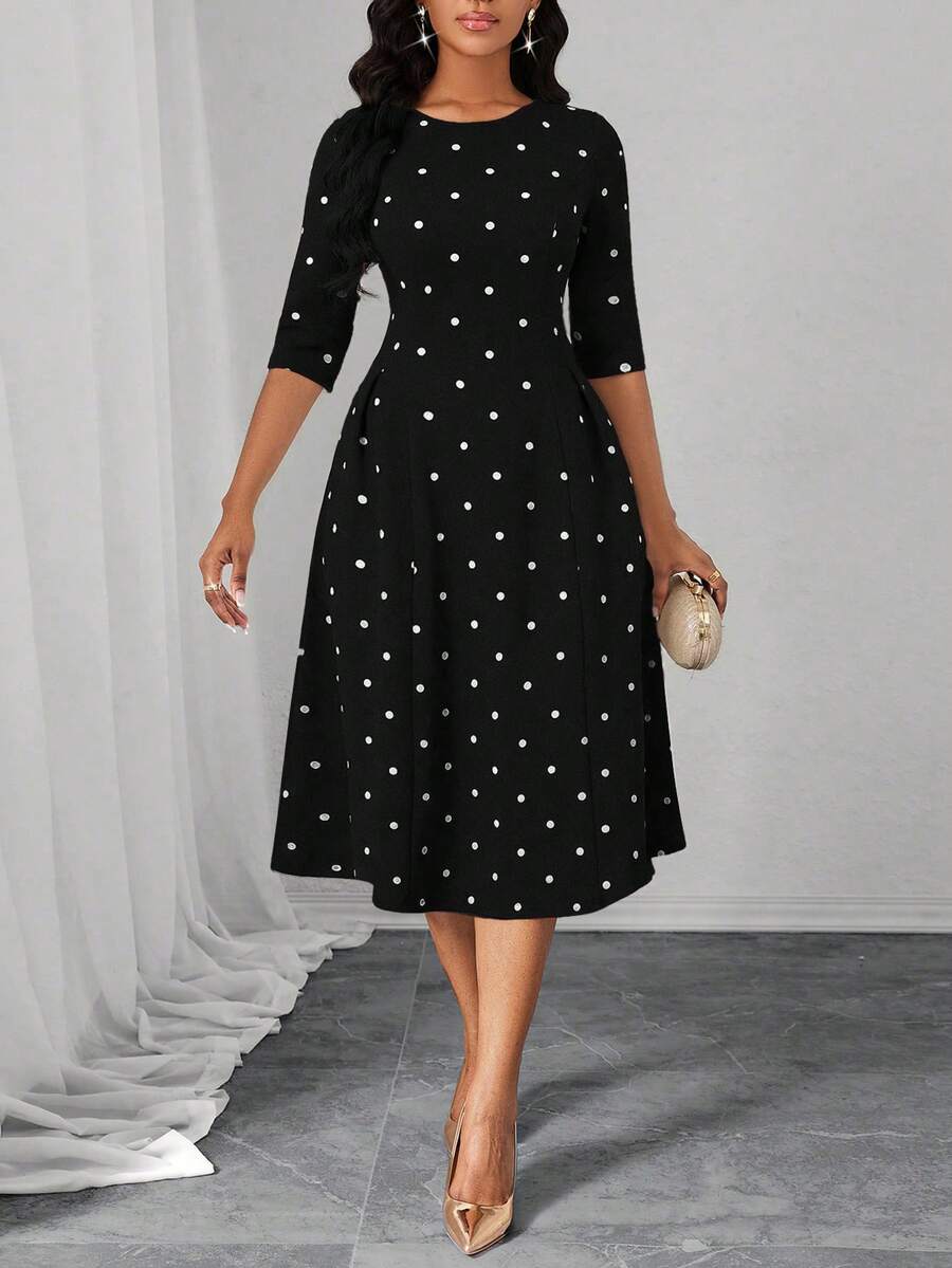 SHEIN Lady 女士波点圆领休闲收腰中长派对连衣裙 - Pearl White - 查看 1