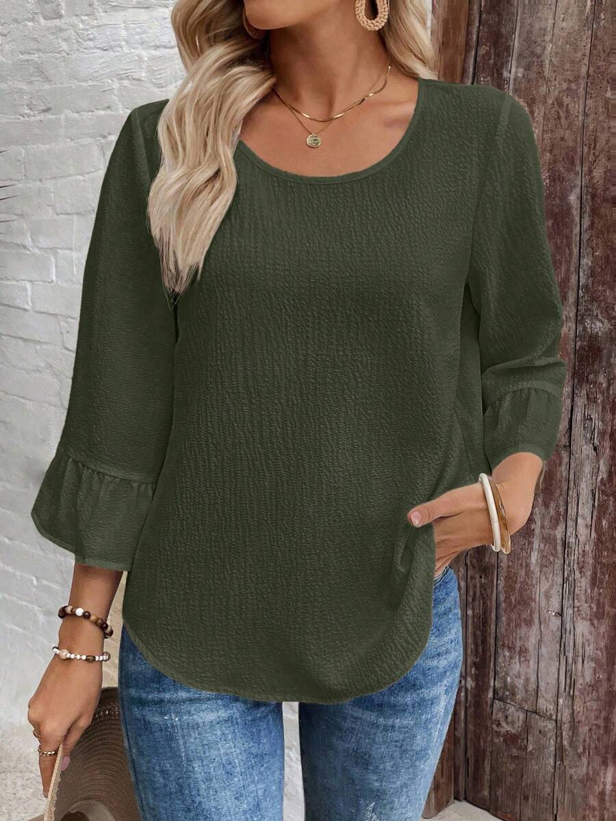 EMERY ROSE Damblus med rund hals och volang, lös textur, enfärgad - Grön - Visa 1