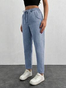 EURMUSE Women's Drawstring Waist Pocket Casual Tapered Leg Jeans - Dusty Blue - View 3