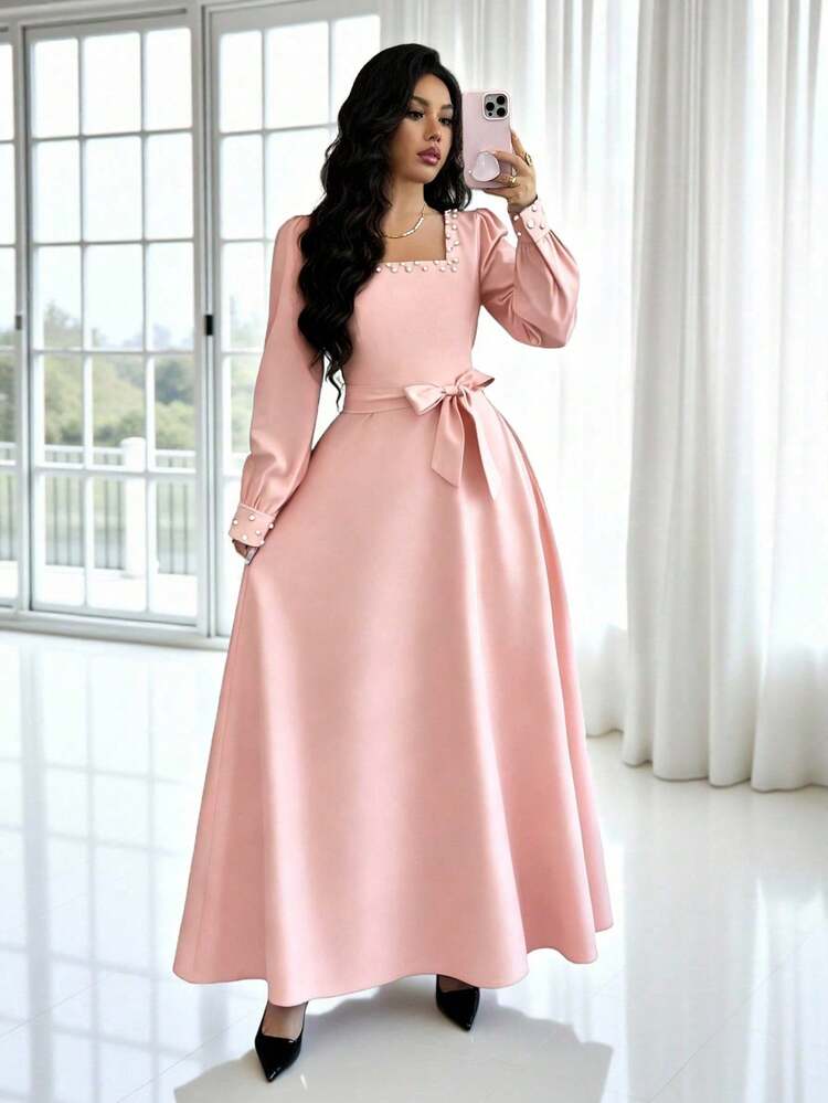 Rafferiza Elegant Burgundy Pearl Decor Vintage Square Collar Puff Sleeve Cinched Waist Ankle-Length Dress, Suitable For Formal Occasions, Weddings, Parties, Daily Wear, Autumn/Winter Elegant Pink Dress Pink Elegant Dress Curve Elegant Dress,Outdoor Clothing, Spring And Summer Clothing - Pink - View 4