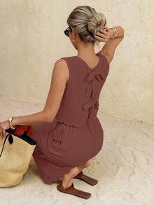 SHEIN Frenchy Bộ đồ nữ mùa hè kiểu dáng thường ngày, màu trơn, buộc dây phía sau, gồm áo tank top và quần. - Gỗ đỏ - Xem 3