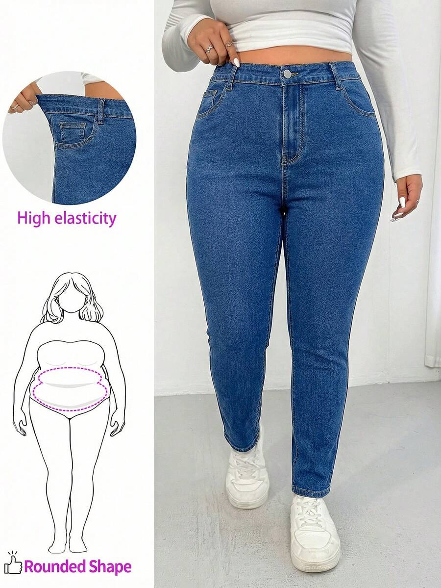 Enliva Plus Size Women's Solid Color Casual High Stretch Jeans, For Apple And Rounded Body Shape - Medium Wash - View 1