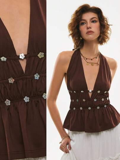 Poéselle Women's Solid Color Deep V-Neck Ruffle Hem Sexy Halter Top, Vacation Outfits Women ,Beach Outfits For Women, Carnival Outfit ,Summer Tops,Spring/Summer