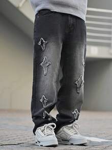 Devon Thys 垃圾摇滚哥特 Y2K 风格男式工装裤，带五角星贴片、直腿口袋、休闲宽松街头牛仔裤 - 黑色 - 查看 5