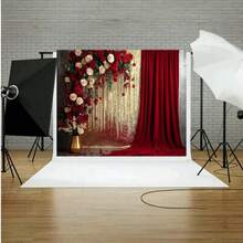 1 Pc Red Gold Rose Pattern Backdrop Red White Floral Background Cloth For Birthday Wedding Bridal Shower Party Portrait Photography Studio Decor - Red - View 2