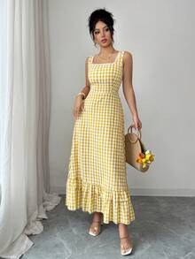 Selianne Đầm maxi dáng chữ A không tay cổ vuông, họa tiết kẻ caro, màu vàng nhạt, thanh lịch dành cho nữ, thích hợp cho mùa xuân/hè. - Màu vàng - Xem 4