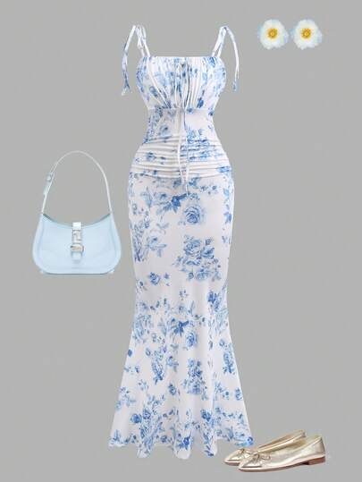Girlism Teen Girl Summer Casual Vacation Blue & White Floral Print Ruched Bust Dress, Bohemian Style