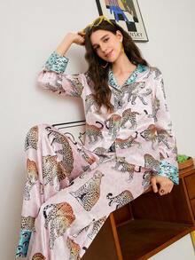 Chillnights 年轻休闲豹纹撞色缎面女士睡衣套装 家居服套装 女士睡衣 女士豹纹印花睡衣套装 缎面睡衣套装 女士睡衣套装 女士睡衣套装 - 彩色 - 查看 3