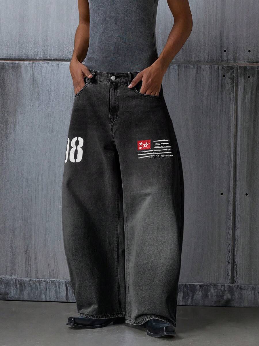 NEON BLANC 男士街头时尚印花口袋弯刀牛仔裤 - 灰色 - 查看 1