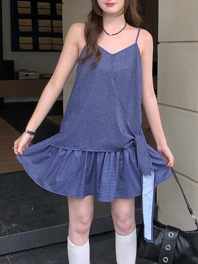 K-Vae Women's Plaid Strap Dress, Loose Lace-Up Fishtail Hem Design, Casual Summer