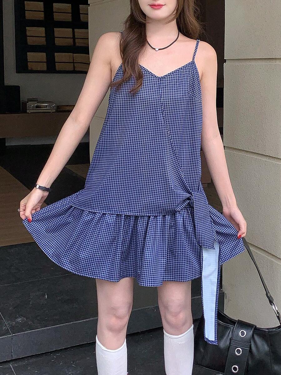 K-Vae 女士格子吊带连衣裙，宽松系带鱼尾下摆设计，休闲夏季款 - 藏蓝色 - 查看 1