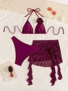 Swim SXY Bộ bikini trơn màu biển Swim Chic với bèo nhún bất đối xứng, họa tiết hoa 3D và chân váy lưới. - Màu Đỏ Sâu - Xem 6