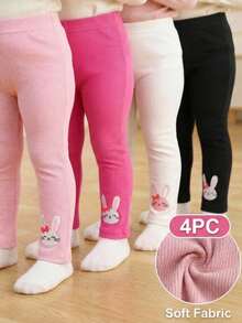 SHEIN 4pcs/Set Baby Girls' Cute Rabbit Print Ribbed Knit Pants, Spring/Summer - Multicolor - View 1