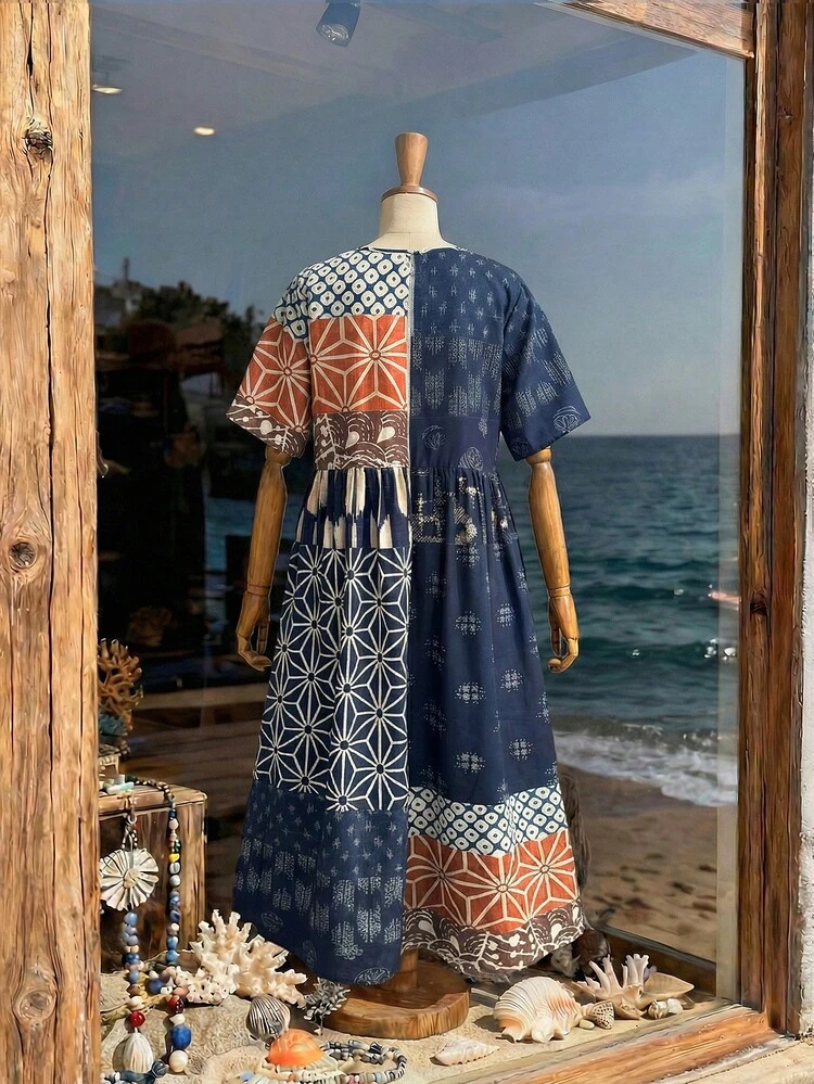 Plus Size Short Sleeve Waist Pleated Side Pockets Floral Print Loose Maxi Dress, Suitable For Music Festival, Boho Style, Spring/Summer\Vacation  Summer Dress  Summer Outfits Summer Clothes Spring Dress Spring Outfit Women Spring Clothing Country Style For Women Country Dress For Women Vacation Outfits Women  Seaside Retro Mannequin Window Display