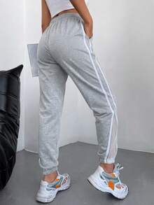 SHEIN Cottnline 95% Cotton Contrast Tape Drawstring Waist Slant Pocket Sweatpants - Grey - View 2