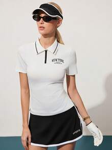 CourtClass Casual Versatile Mandarin Collar Zip-Up Short Sleeve Letter Print Slim Fit Women Golf Polo Shirt - White - View 6