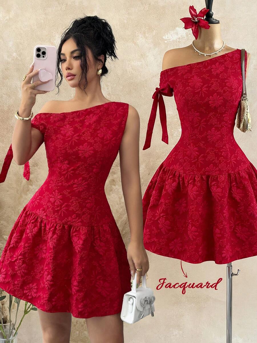 Elenzga Đầm ngắn phối vạt chéo, chất liệu vải jacquard dệt họa tiết, vai lệch, thắt eo, kiểu dáng thanh lịch và tinh tế, phù hợp cho công sở, sinh viên, ngày Valentine, mùa xuân/hè. - Đỏ - Xem 1
