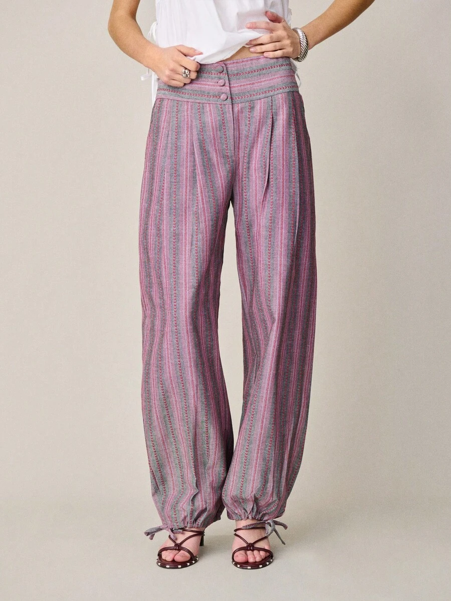 Nöista Striped Balloon Pants Feature A High-Waist With Self-Fabric Folded Buttons, Front Pockets, And Adjustable Drawstring Cuffs. Spring, Summer, Casual, Look, Women. - Pink - View 1