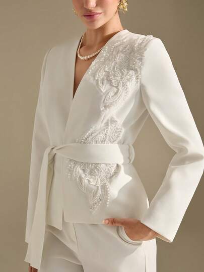 CLARA VERO Women's V-Neck Lace Beaded Applique White Belt Wide Leg Pants Suit