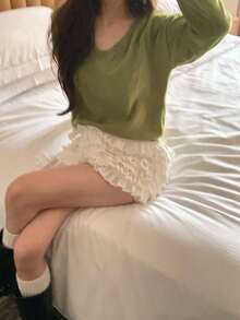 DAZY 女士纯色V领休闲百搭长袖毛衣，适合秋冬季日常穿着 - 綠色 - 查看 5