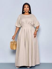 SOLERSUN Plus Size Women Summer Casual Vacation Style Batwing Sleeve Pleated Waist Tie Back Dress - Grey - View 6