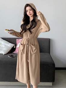 DAZY Women's Casual Loose Hooded Cinched Waist Long Robe - Khaki - View 5