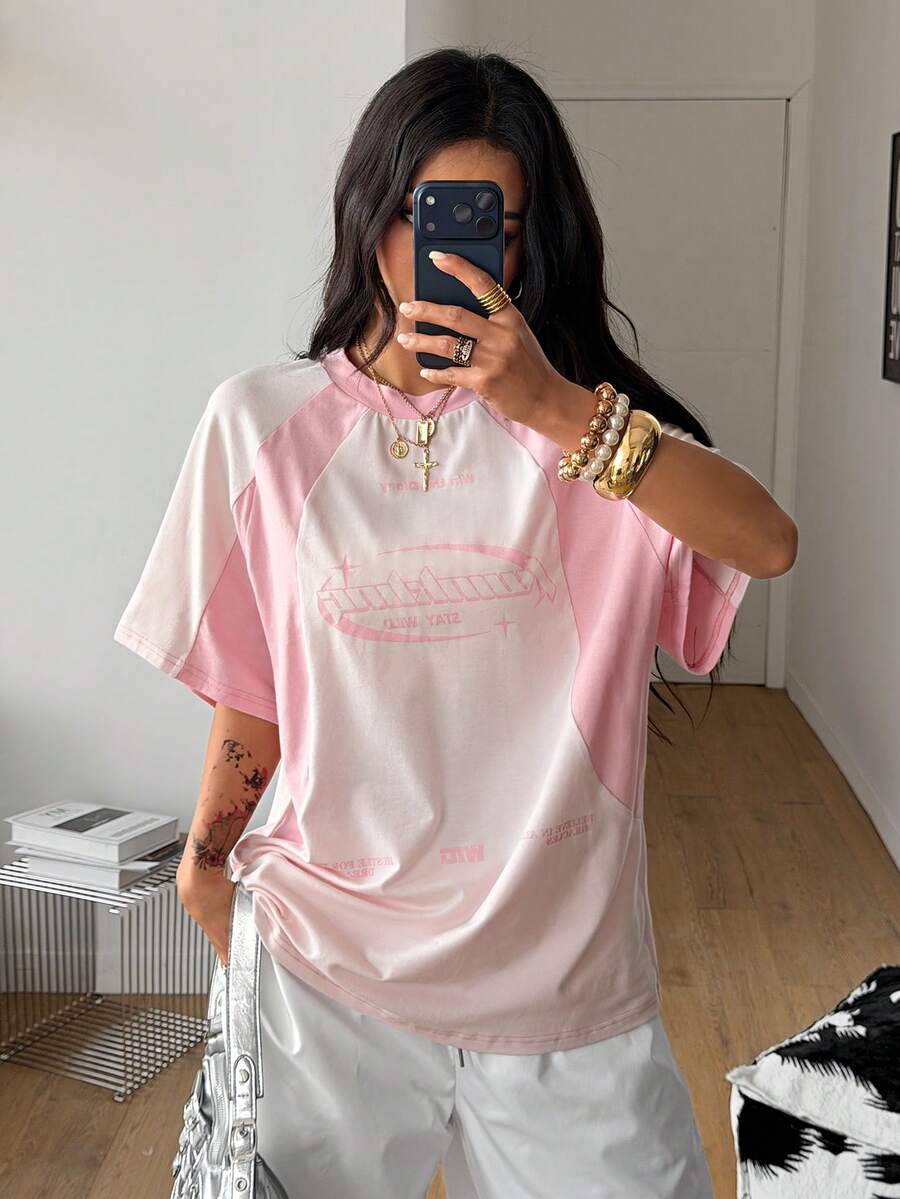 Coolane Women's Streetwear Oversized Racing Motorcycle Print Color Block Raglan Sleeve T-Shirt Spring Pink Top Women Tshirt Summer Tee Graphic - Baby Pink - View 1