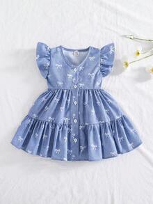 SHEIN Vintaside Kids 一件少女碎花V领休闲度假连衣裙，适合夏季户外度假 - 白色 - 查看 3