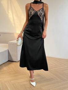 Livesso Spring Lace Ribbon Splice Elegant Party Bridesmaid Wedding Guest Cocktail Beach Midi Dress For Women Summer Sundress - Black - View 5