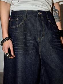 ROMWE MEN Grunge Punk 男士休闲日常牛仔短裤，带口袋，部分印有国旗图案 - 藍色 - 查看 4