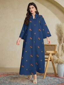 Al Najma 女士土耳其长款束腰外衣和阿拉伯传统长袍连衣裙，卡夫坦长袍和贾拉比亚长袍 - 藏蓝色 - 查看 2