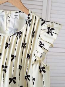 SHEIN Tween Girl Round Neck Bow Print Pleated Casual Versatile Daily Wear Cap Sleeve Blouse - Apricot - View 7