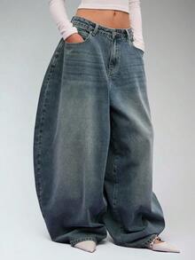 COUREZ Quần jeans ống loe cạp trễ phối vải cotton cotton cổ điển, màu xanh nhạt, phong cách đường phố thường ngày Y2K Leisure Music Festival - Màu xanh hải quân - Xem 5