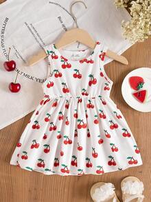 SHEIN Baby Girls' Cherry Print Round Neck Sleeveless Dress - White - View 6